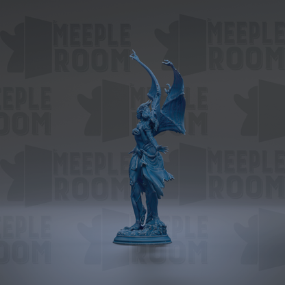 A blue statue of a winged figure with outstretched arms stands against a dark background with repeated text.