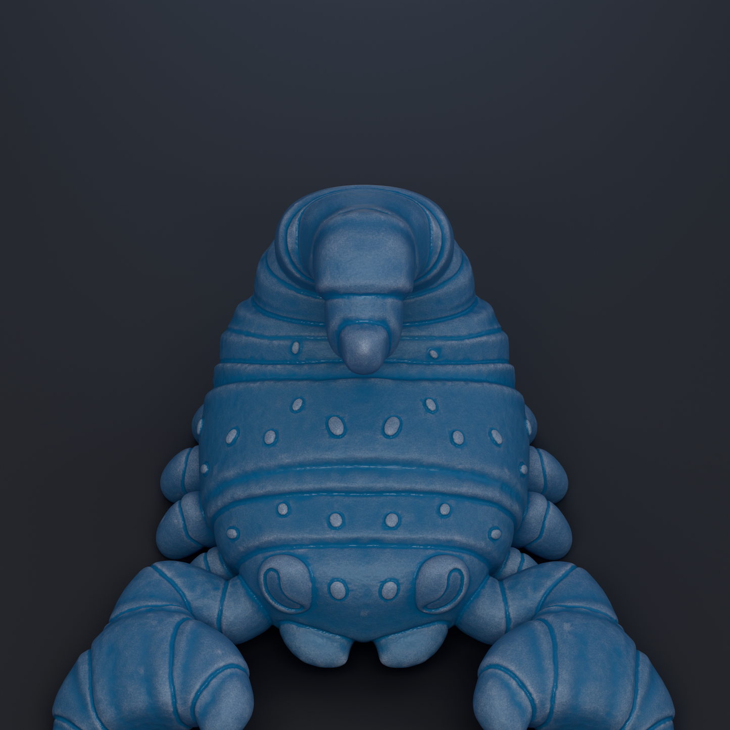 A blue, cartoonish crab-like creature with a large head and antennae, sitting on a dark background.