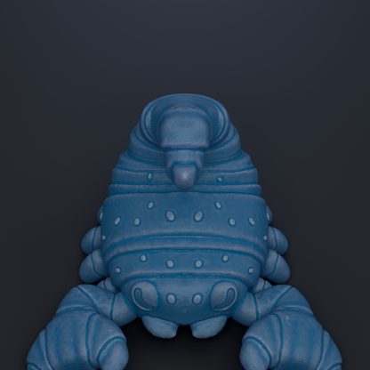 A blue, cartoonish crab-like creature with a large head and antennae, sitting on a dark background.