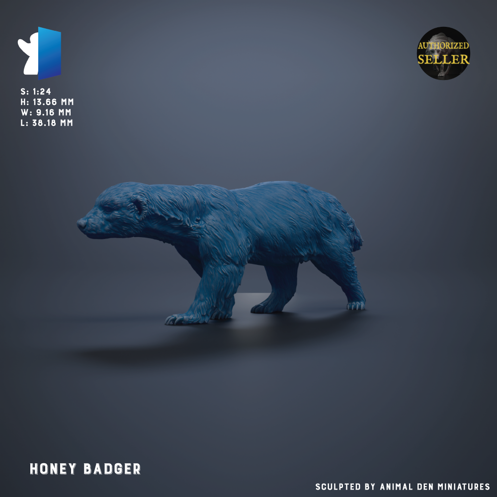 A 3D model of a honey badger, a small furry creature, is shown against a dark background.