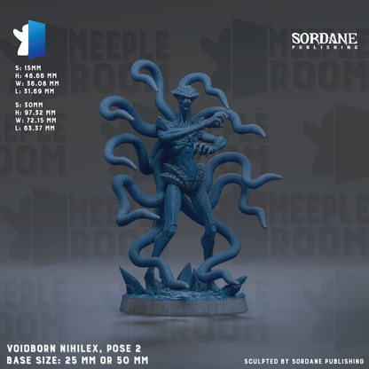 The image is a figurine of a humanoid character with multiple tentacles, likely representing a mythical or fantastical creature. The figurine is shown in a pose with its arms raised, and it is described as a "Voidborn Nihilex, pose 2" with a base size of either 25mm or 50mm. The image is a part of a larger collection, as indicated by the text "SORDANE PUBLISHING" and "SOMETHING IN THE WILD".