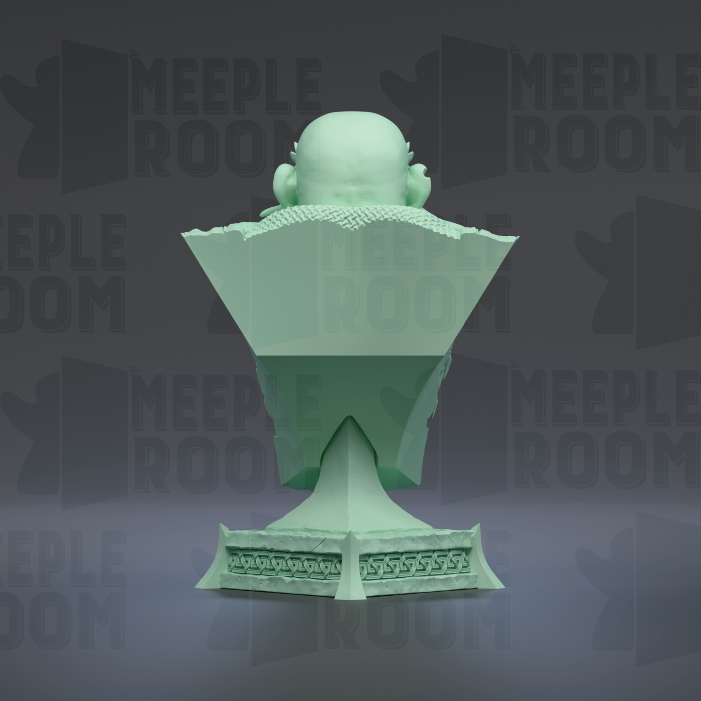 A green statue of a person's head, possibly a sculpture or bust, is displayed against a dark background with repeated text.