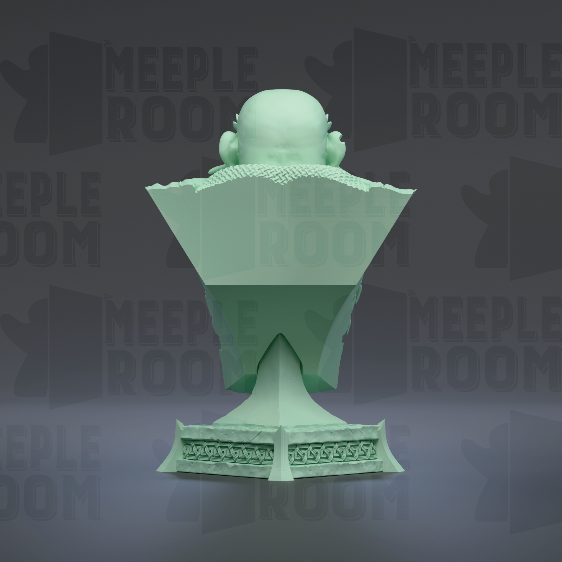 A green statue of a person's head, possibly a sculpture or bust, is displayed against a dark background with repeated text.