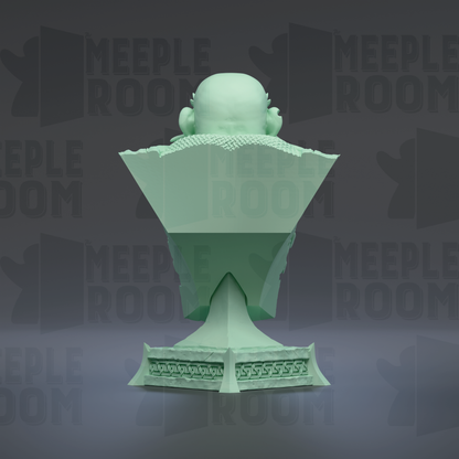 A green statue of a person's head, possibly a sculpture or bust, is displayed against a dark background with repeated text.