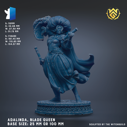 The image is a 3D rendering of a statue of a woman, specifically the character Adalinda, the Queen of the WITCHGURD. The statue is depicted in a dynamic pose, holding a sword and a shield. The statue is shown in a base size of 25 mm or 100 mm, depending on the perspective. The image is a collage of multiple images, and the artist has been credited as the sculpted by the Witchguild.