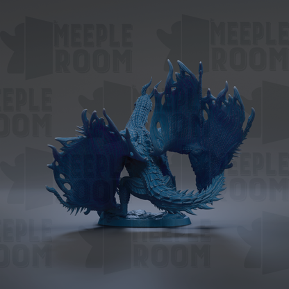 A blue, 3D-rendered dragon figurine with intricate details and a fierce expression, set against a dark background with repeated text.