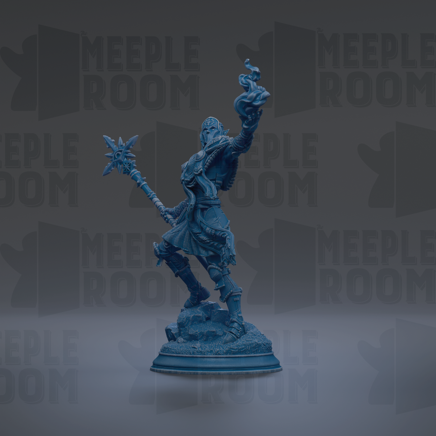 A blue figurine of a warrior standing on a pedestal, holding a weapon and appearing to be in a fighting stance.