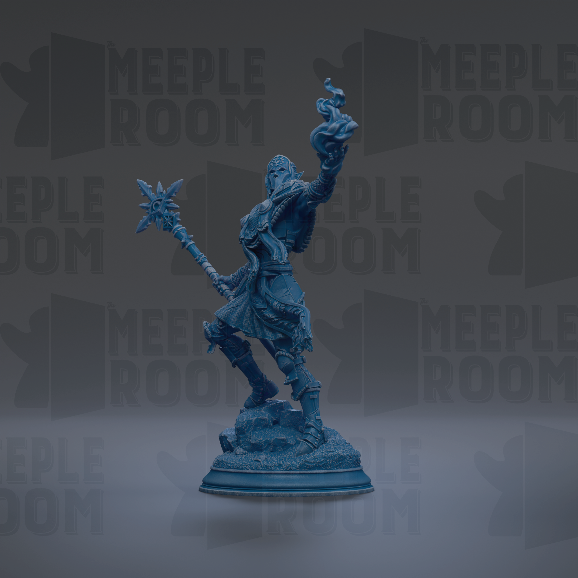 A blue figurine of a warrior standing on a pedestal, holding a weapon and appearing to be in a fighting stance.