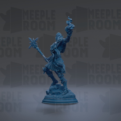 A blue figurine of a warrior standing on a pedestal, holding a weapon and appearing to be in a fighting stance.