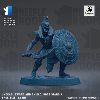 a figurine of a warrior standing on a base, holding a sword and shield. The figurine is in a pose with a serious expression.