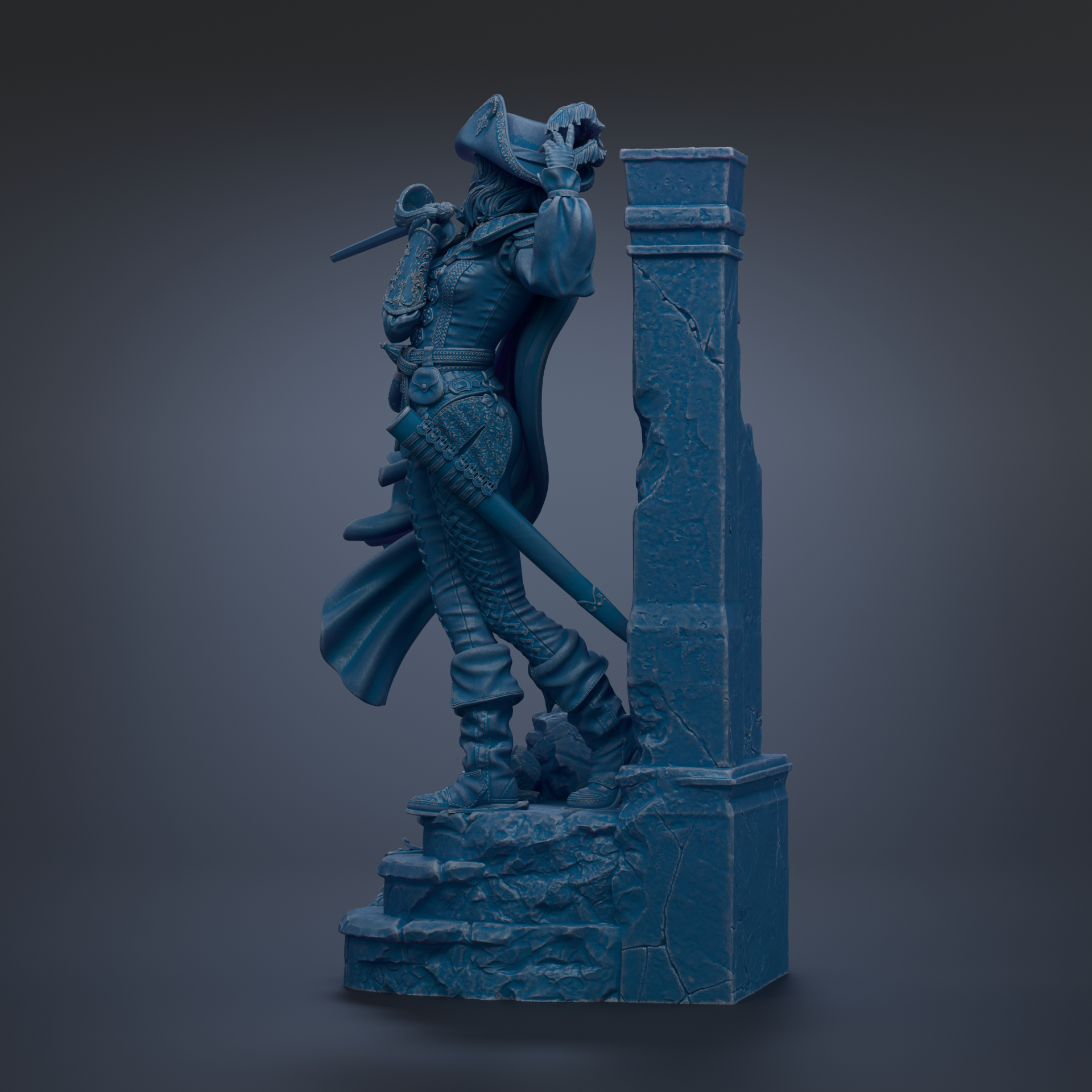 A blue statue of a pirate standing on a stone pedestal.