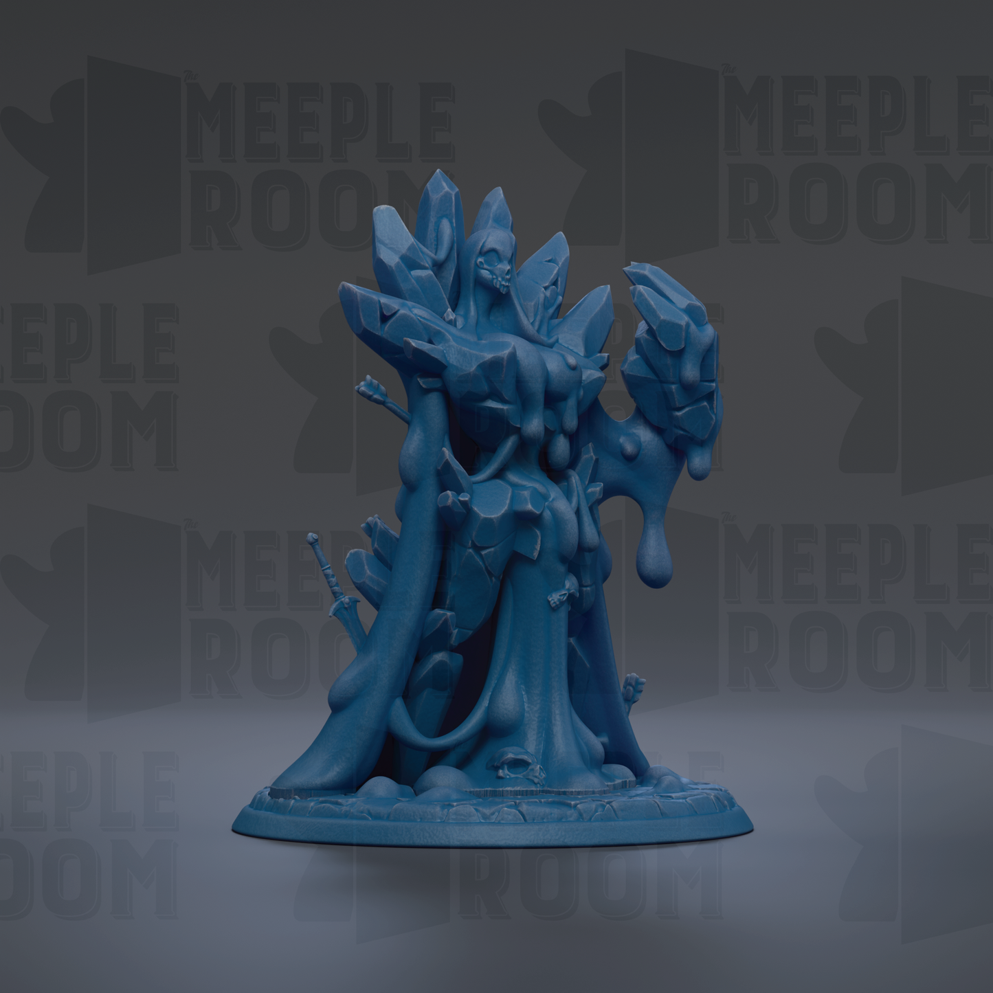 A blue, abstract sculpture with a flowing, organic shape and dripping, melting elements.