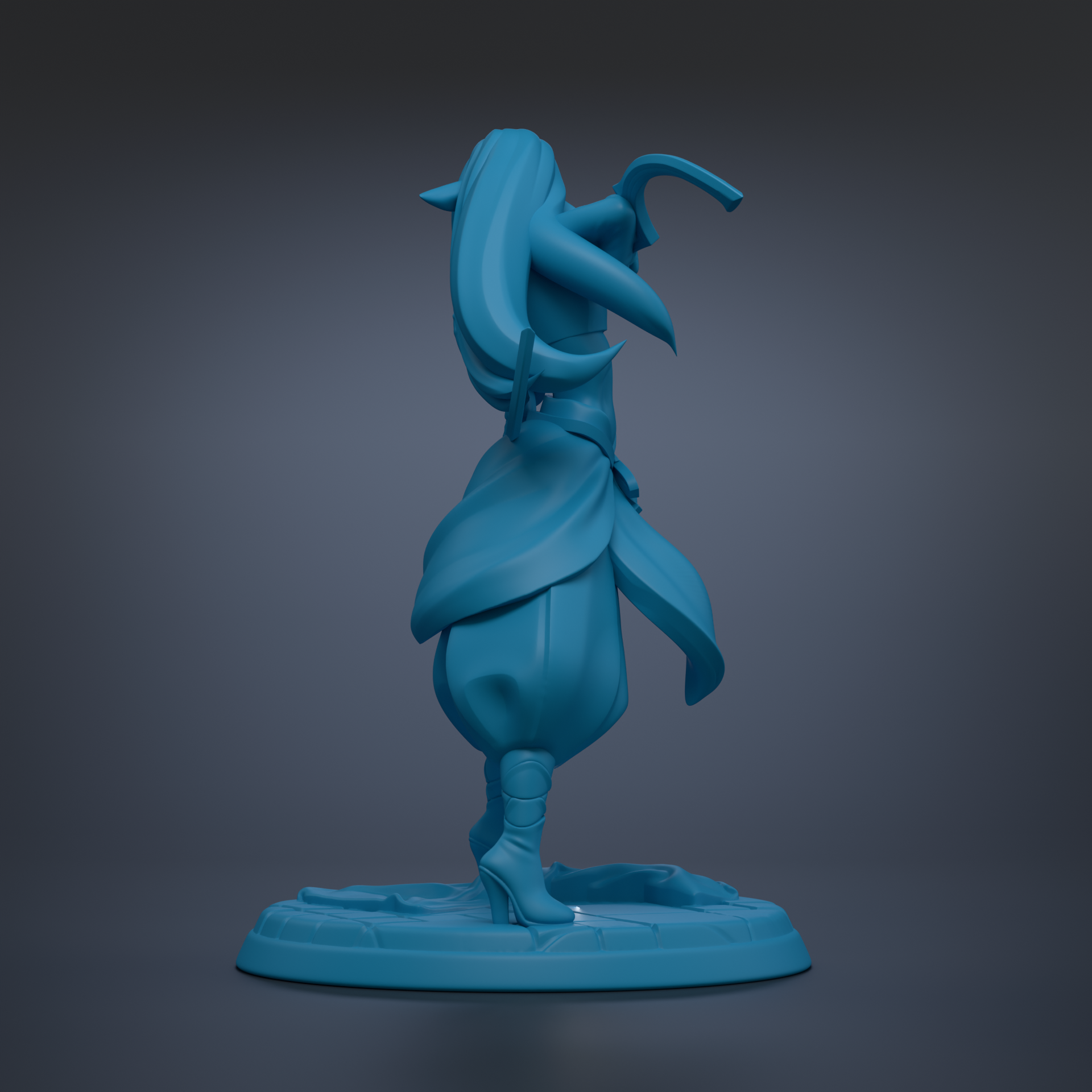 A blue 3D model of a figure with long hair and a flowing skirt, standing on a blue base.