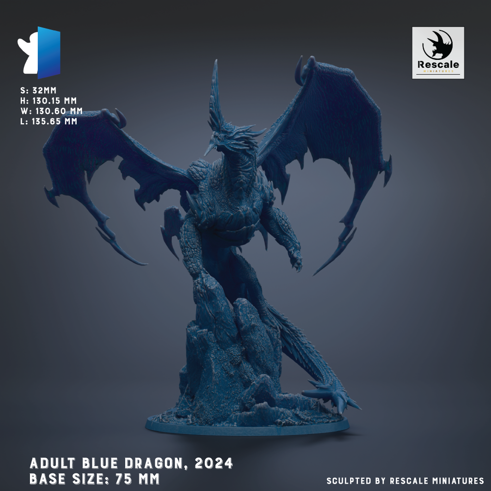 The image is a 3D model of an adult blue dragon statue, with wings spread wide and a fierce expression. The dragon is shown in a dynamic pose, standing on a rock formation. The image is labeled with the text "ADULT BLUE DRAGON, 2024 BASE SIZES: 75 MM" and "Sculpted by RESCALE MINIATURES".