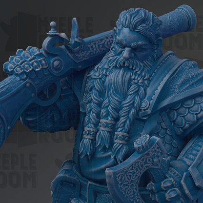 A detailed 3D rendering of a blue-colored fantasy character, possibly a dwarf or gnome, holding a large weapon and wearing ornate armor.