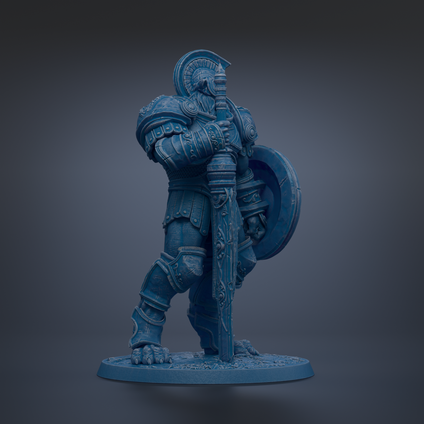 A blue armored warrior figure holding a shield and sword stands in a dark environment.