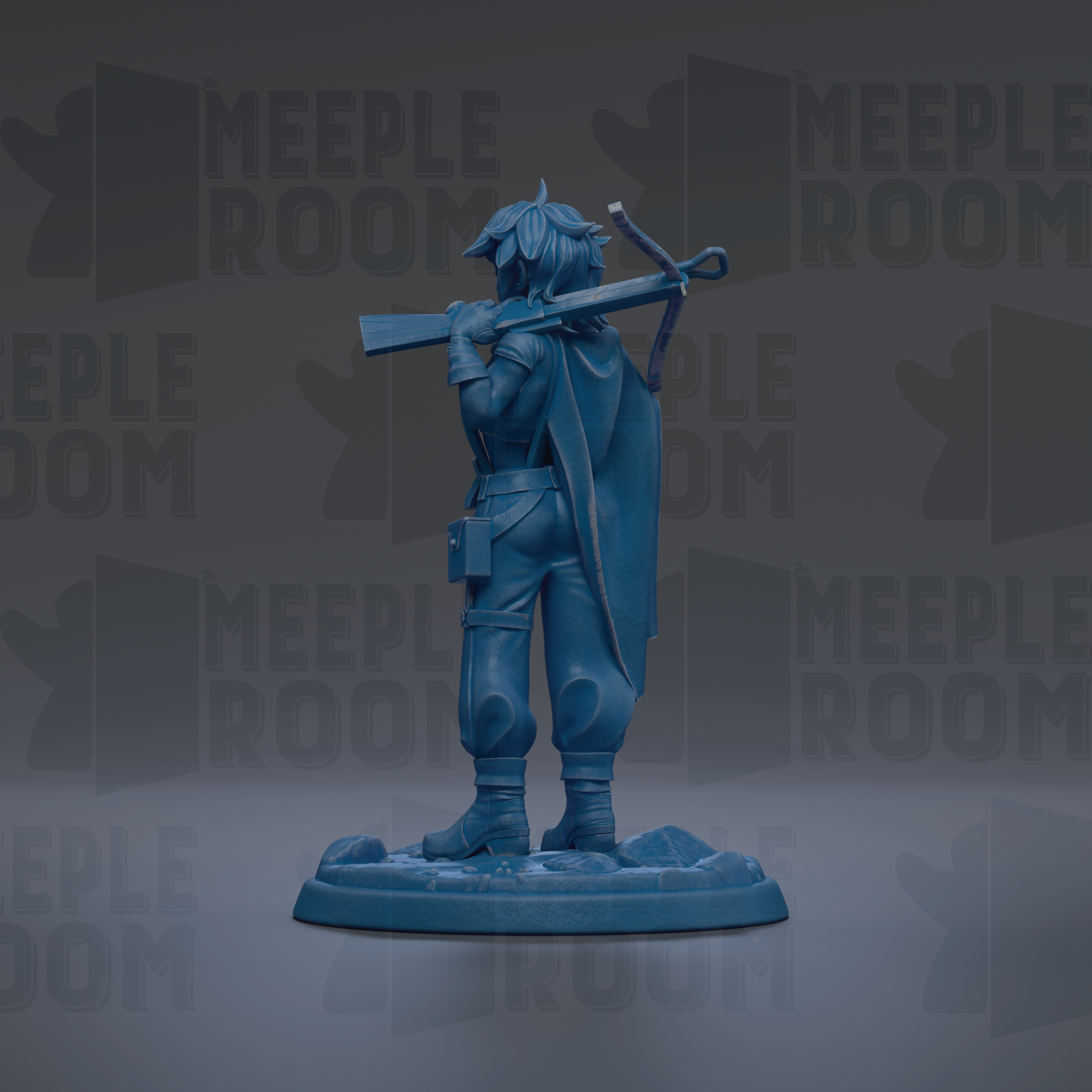 A blue figurine of a person holding a sword and shield, standing on a base.