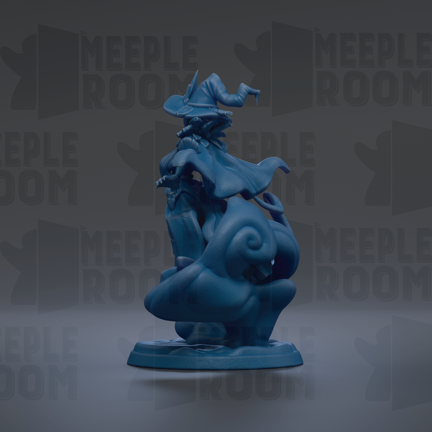 A blue, 3D-rendered fantasy character with a flowing cape and hat stands on a base, surrounded by repeated text that reads "MEIPLLE ROOM".