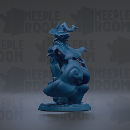 A blue, 3D-rendered fantasy character with a flowing cape and hat stands on a base, surrounded by repeated text that reads "MEIPLLE ROOM".