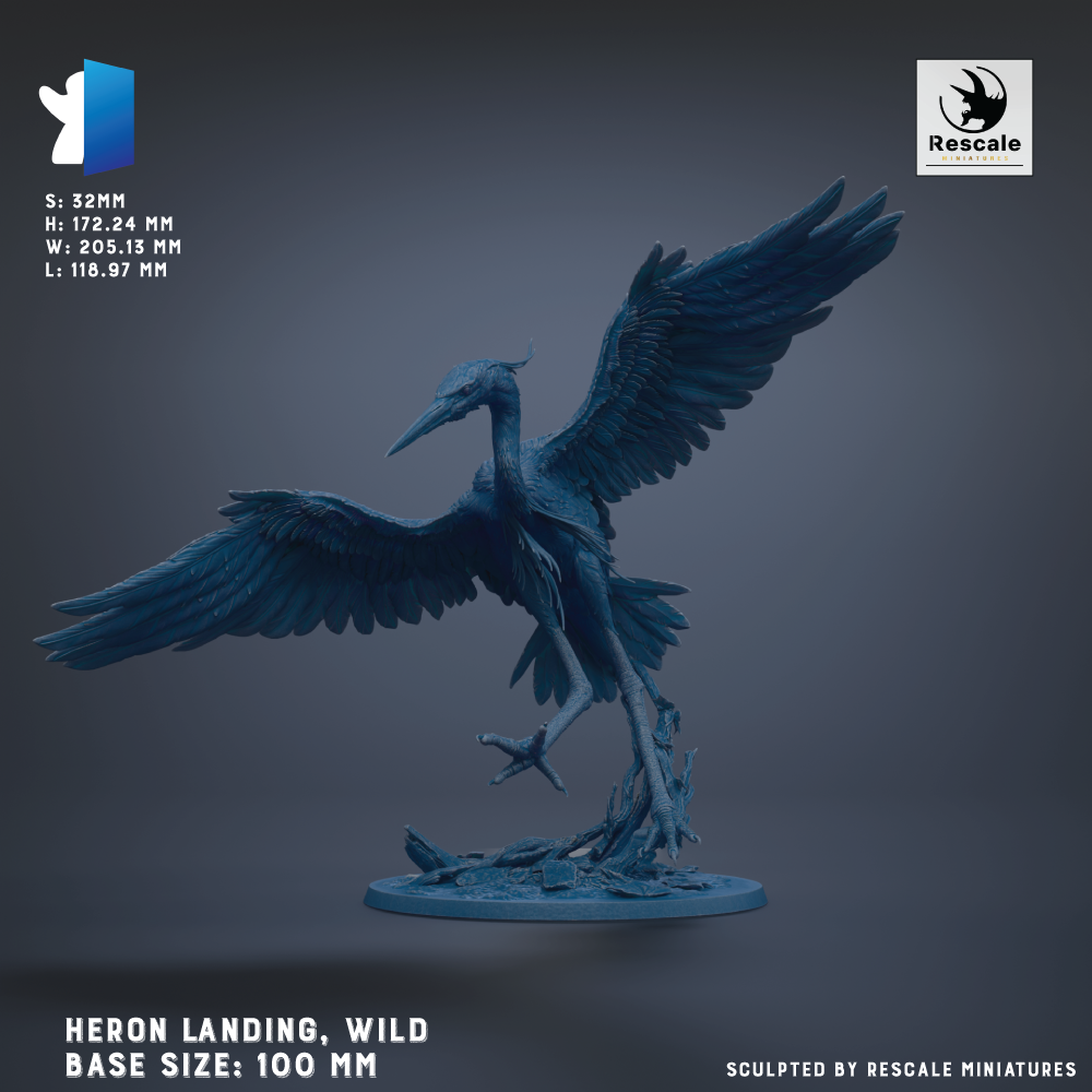 A large blue heron statue with outstretched wings, standing on a base. The statue appears to be a figurine or sculpture, and the image is described as a "HERON LANDING, WILD BASE SIZES: 100 MM".