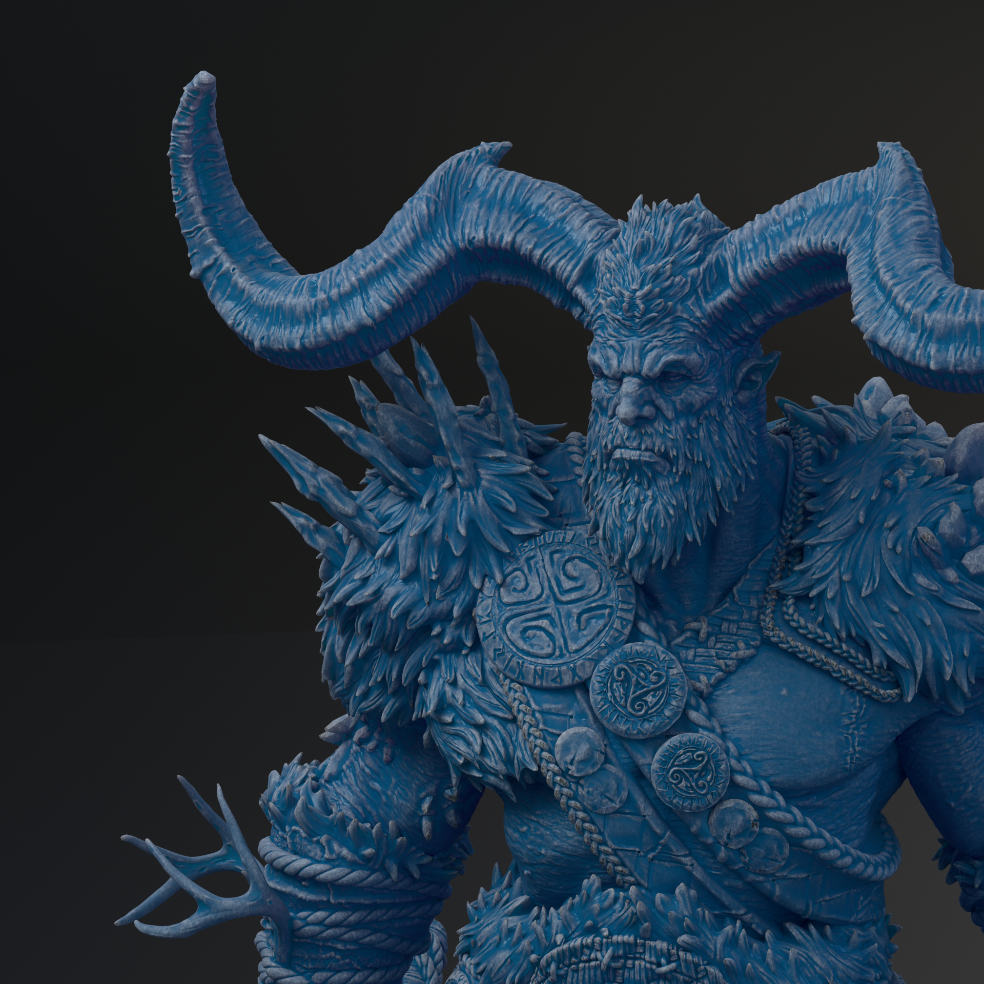 A detailed 3D rendering of a blue, fantastical creature with large, curved horns and a fierce expression, wearing ornate armor and weapons.