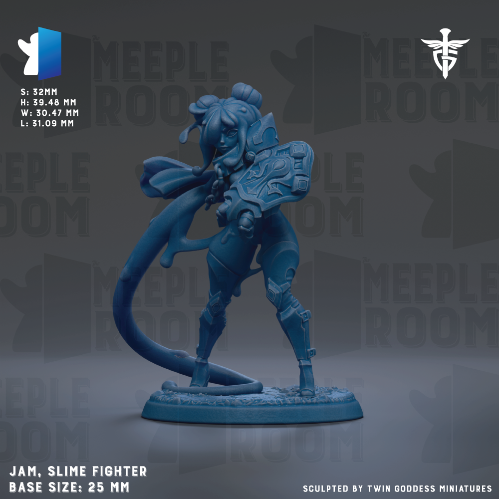 A blue figurine of a slim fighter character, likely a slime fighter, with a large head and a long, flowing cape. The figurine is standing on a base and appears to be made of a material that resembles metal or plastic. The image is described as a "JAM, SLIME FIGHTER" and is labeled as a "BASE SIZE: 25MM". The background of the image is a dark gray color, and there are repeated instances of the word "MEIPLE ROOM" in the background.