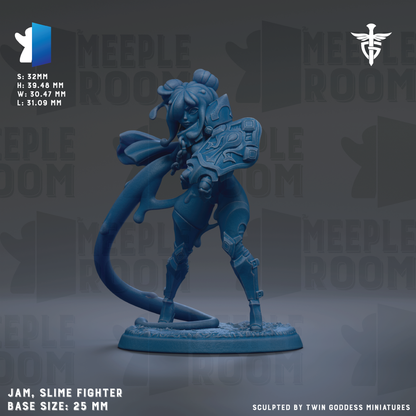 A blue figurine of a slim fighter character, likely a slime fighter, with a large head and a long, flowing cape. The figurine is standing on a base and appears to be made of a material that resembles metal or plastic. The image is described as a "JAM, SLIME FIGHTER" and is labeled as a "BASE SIZE: 25MM". The background of the image is a dark gray color, and there are repeated instances of the word "MEIPLE ROOM" in the background.