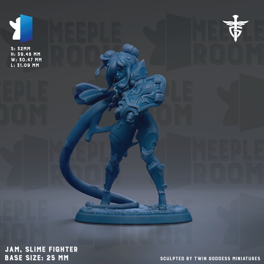 A blue figurine of a slim fighter character, likely a slime fighter, with a large head and a long, flowing cape. The figurine is standing on a base and appears to be made of a material that resembles metal or plastic. The image is described as a "JAM, SLIME FIGHTER" and is labeled as a "BASE SIZE: 25MM". The background of the image is a dark gray color, and there are repeated instances of the word "MEIPLE ROOM" in the background.