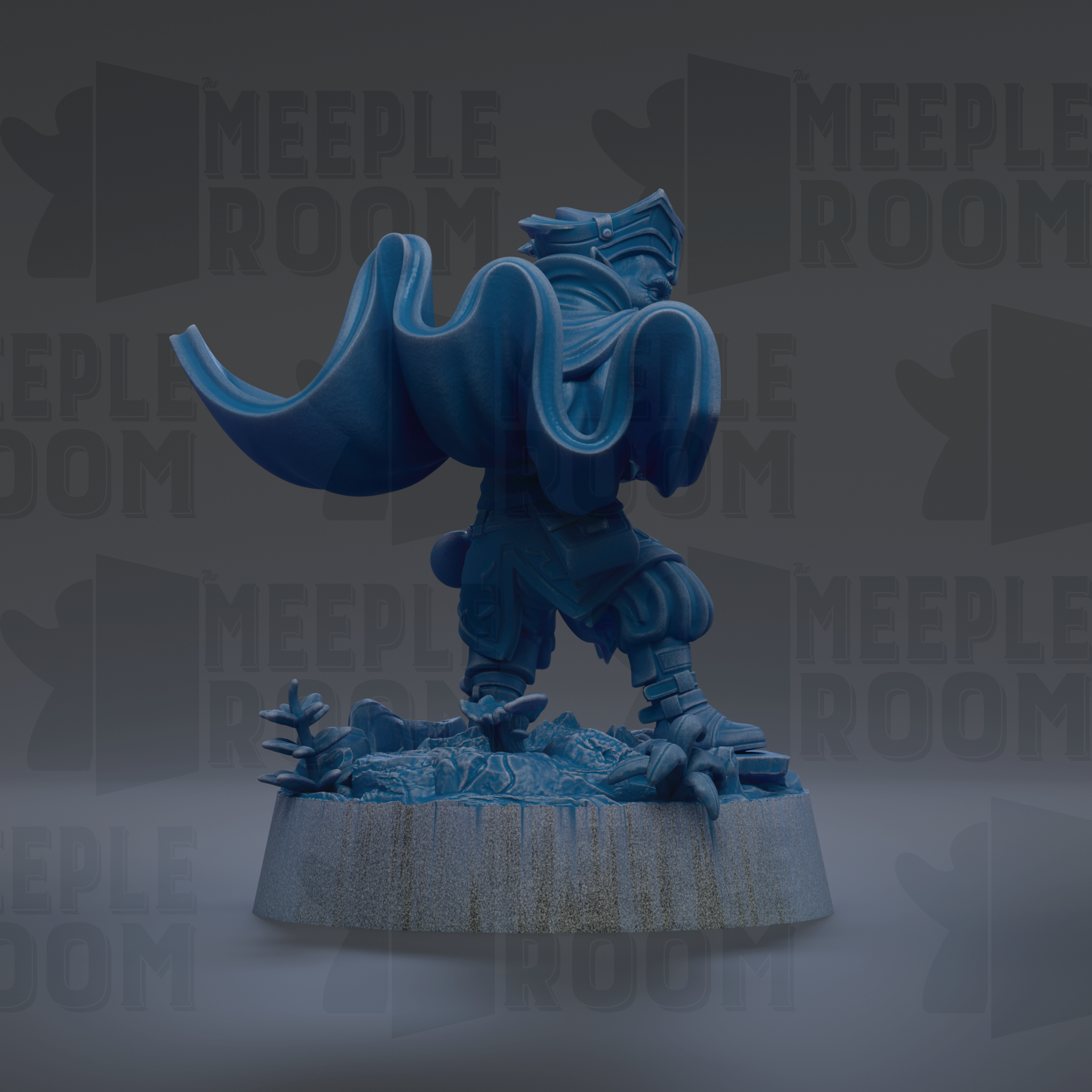 A blue statue of a person with a cape, standing on a pedestal.