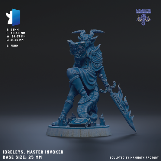 The image is a 3D rendering of a figurine of a dragon-like creature, possibly a master invoker, with a sword and other weapons. The figurine is shown in a dynamic pose, with its legs spread out and its head turned to the side. The base size of the figurine is 25mm.