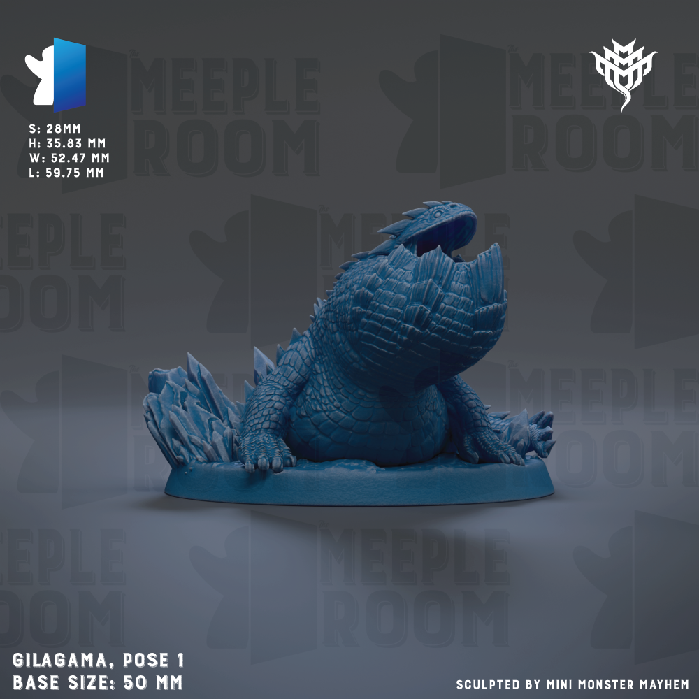 a blue, 3D-rendered monster figurine with a large head and sharp teeth, sitting on a base. The base size is 50 millimeters.