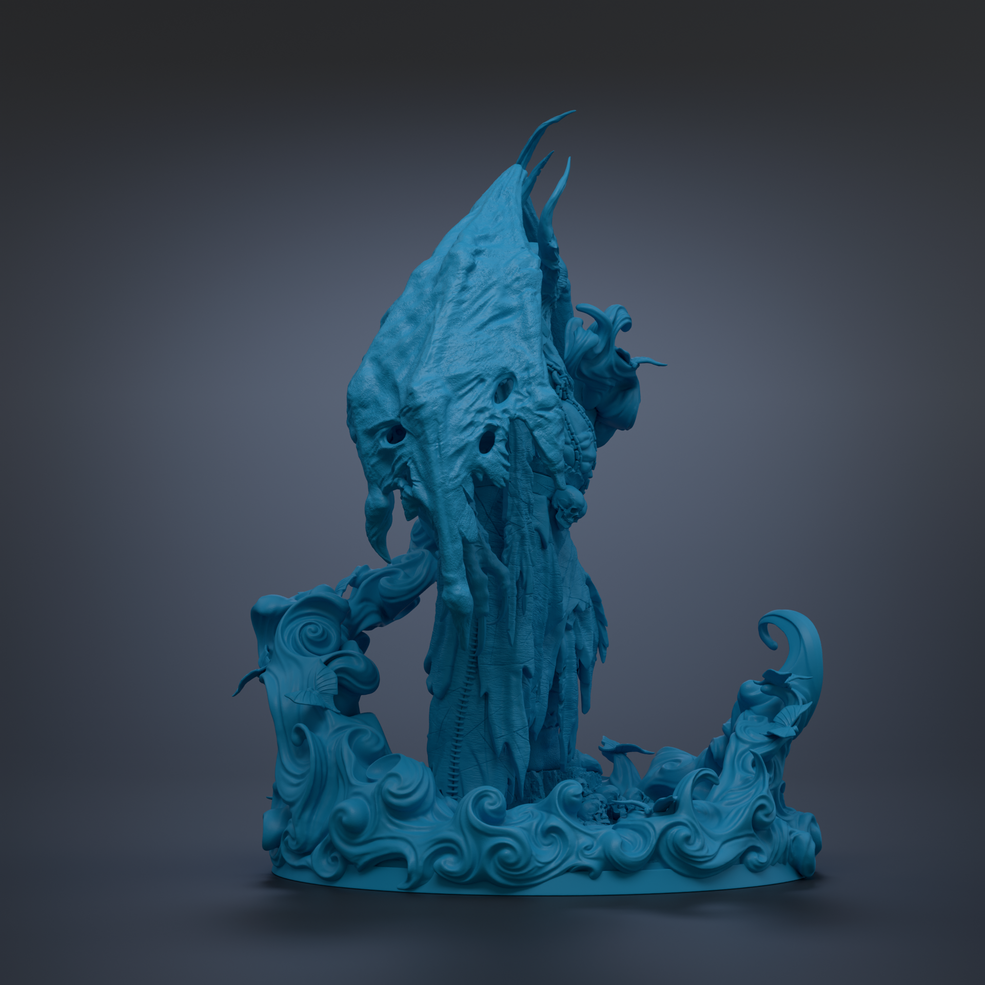 A blue, abstract sculpture with a twisted, organic shape and a dark, moody background.