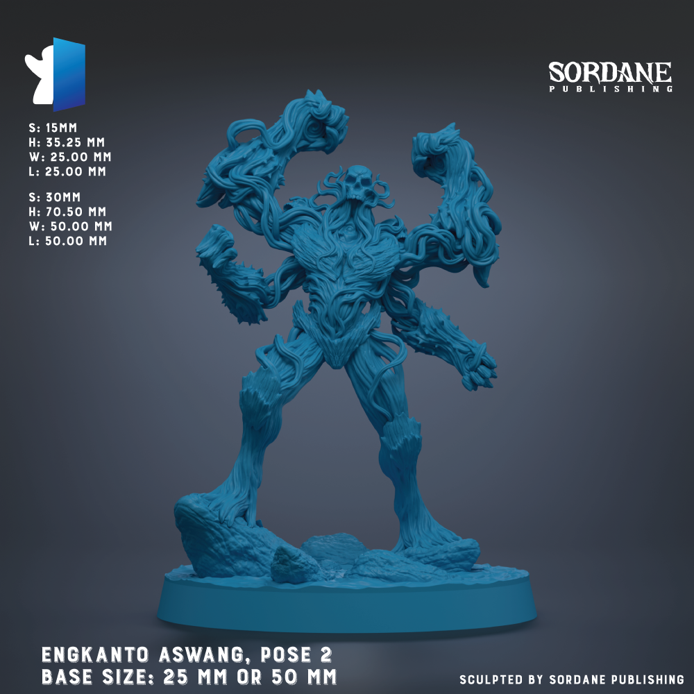 a blue, three-dimensional figurine of a creature with multiple arms and legs, standing on a base. The figurine is described as a pose model, and it is shown in a detailed and realistic manner. The base size of the figurine is either 25 mm or 50 mm, depending on the perspective. The image is a sculpture, and it is presented in a three-dimensional form, allowing for a more immersive viewing experience.