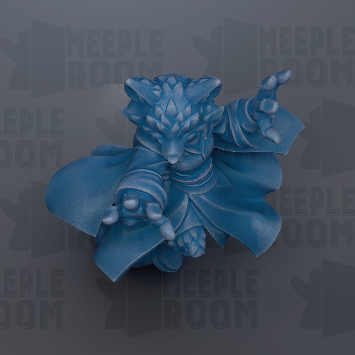 A blue, 3D-rendered figurine of a fantastical creature with horns and a flowing robe, set against a dark background with repeated text.