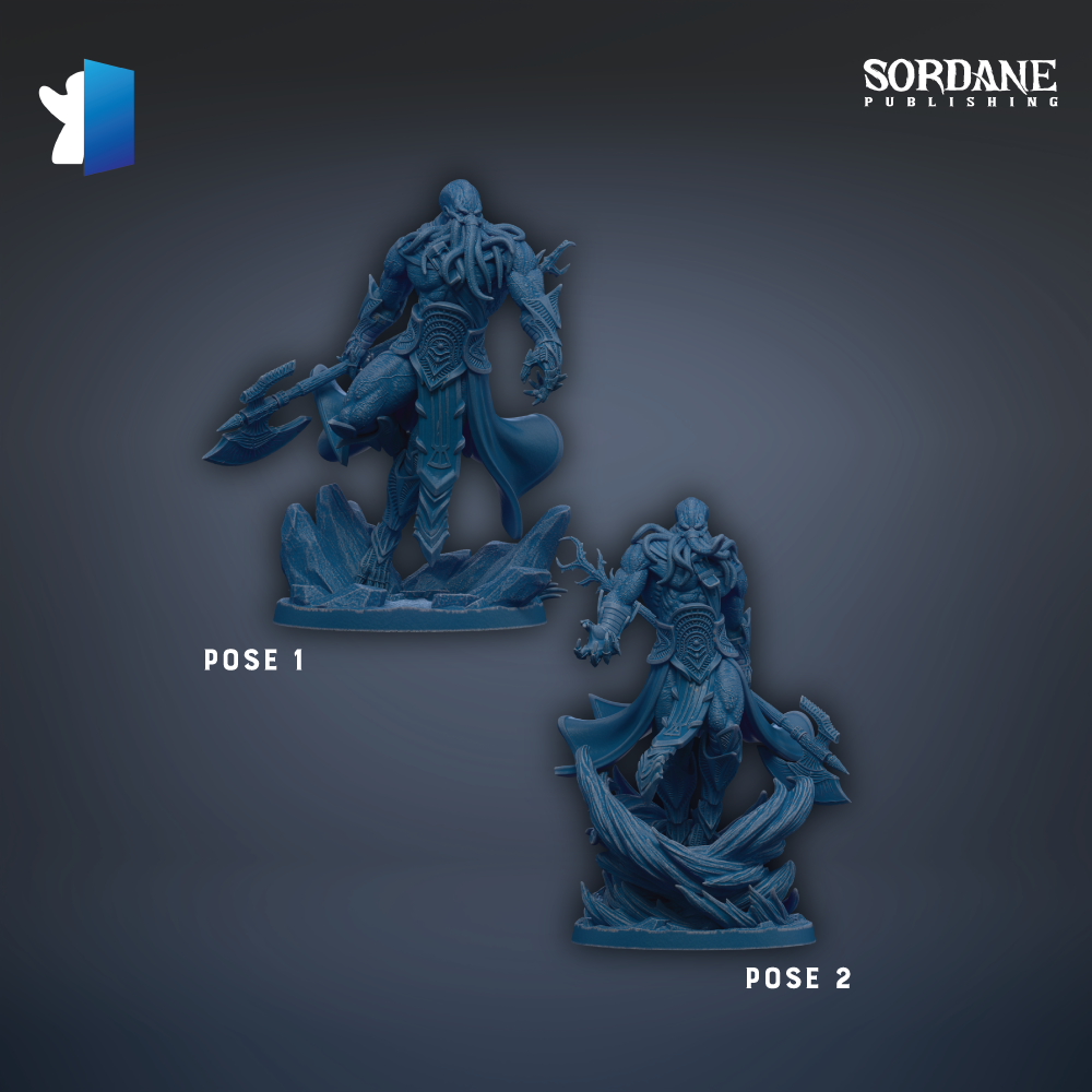 two blue figurines of muscular, armored figures with weapons, set against a dark background.