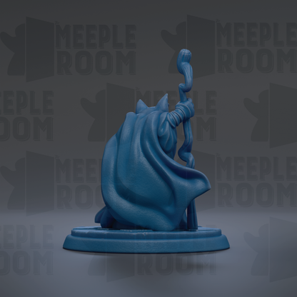 A blue figurine of a person holding a staff, sitting on a base, against a dark background with repeated text.