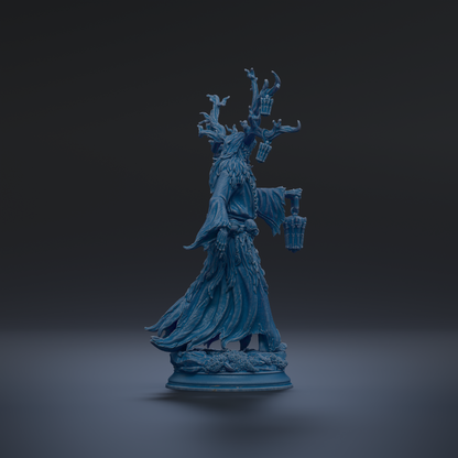 A blue statue of a fantastical creature with a long, flowing robe and intricate, detailed features stands on a pedestal against a dark background.