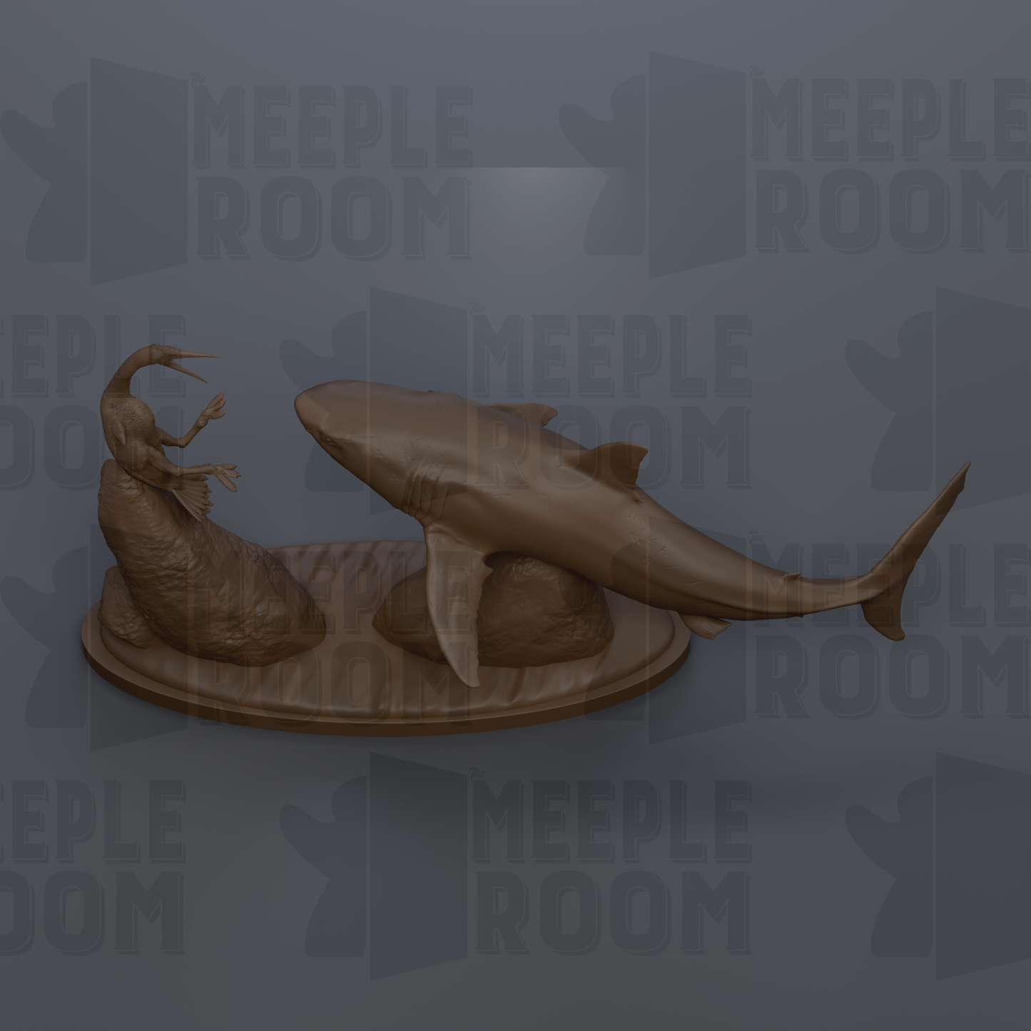 a shark sculpture on a wooden base, with the shark's tail and fins visible.