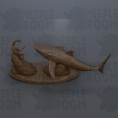 a shark sculpture on a wooden base, with the shark's tail and fins visible.
