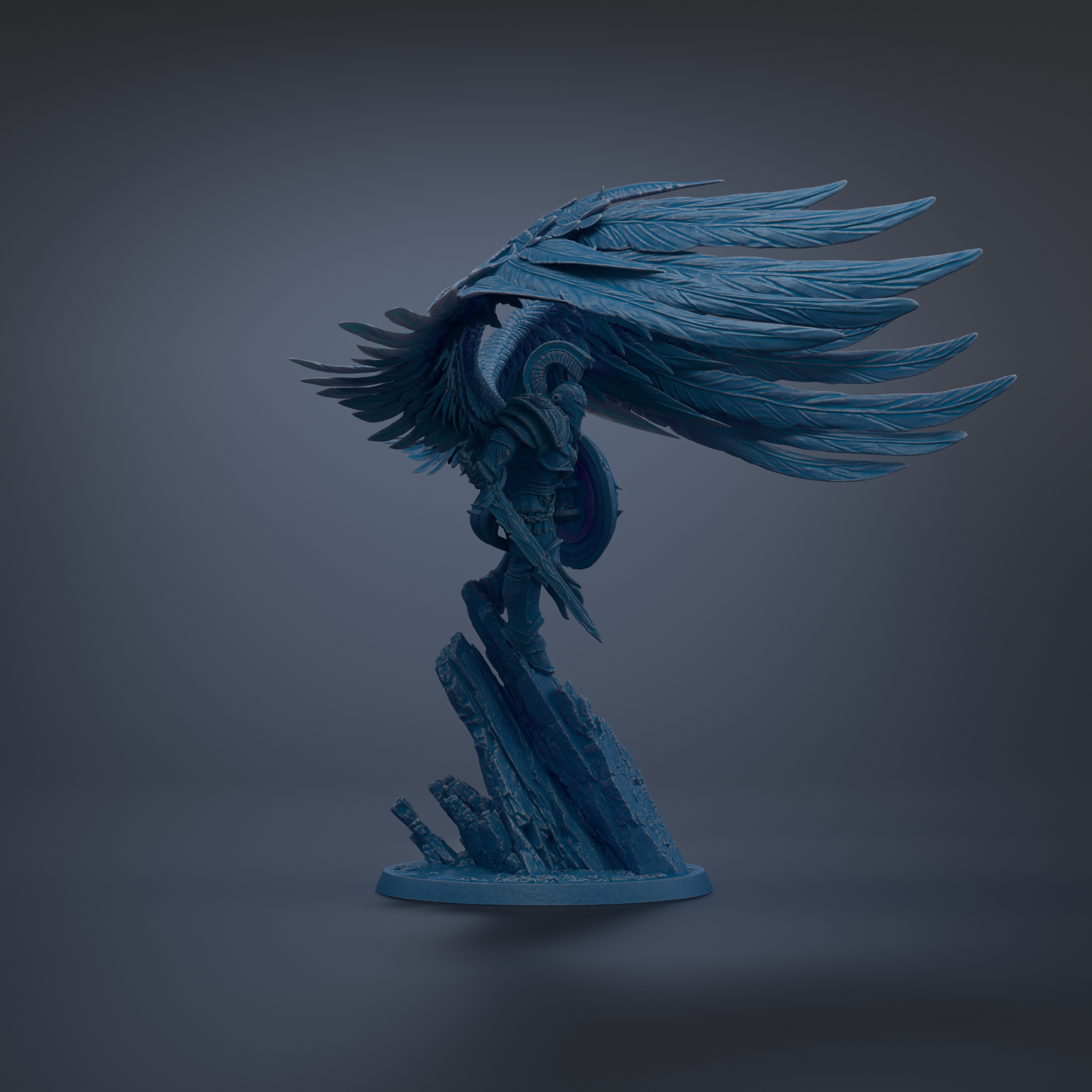 A 3D rendering of a winged figure with a shield, standing on a rock formation against a dark background.