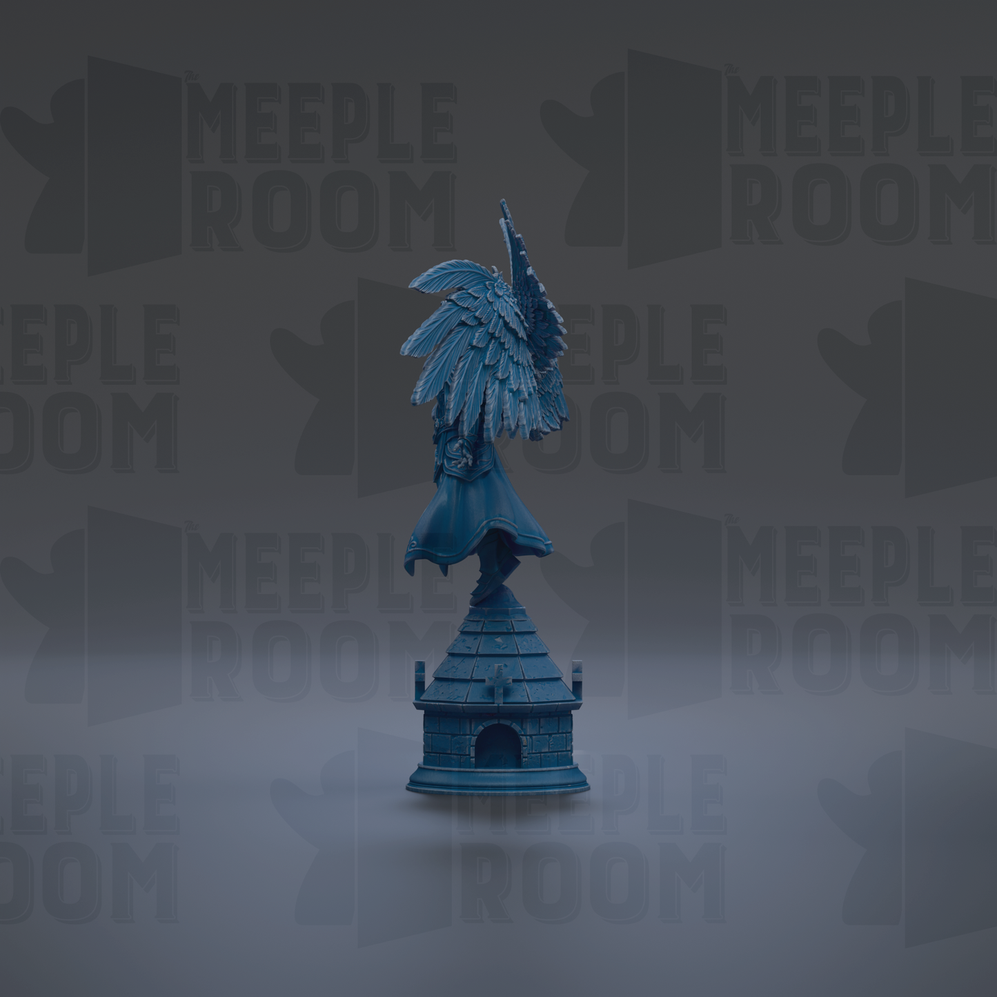 A blue figurine of a bird with a pointed beak and large wings stands on a small blue structure against a dark background with repeated text.