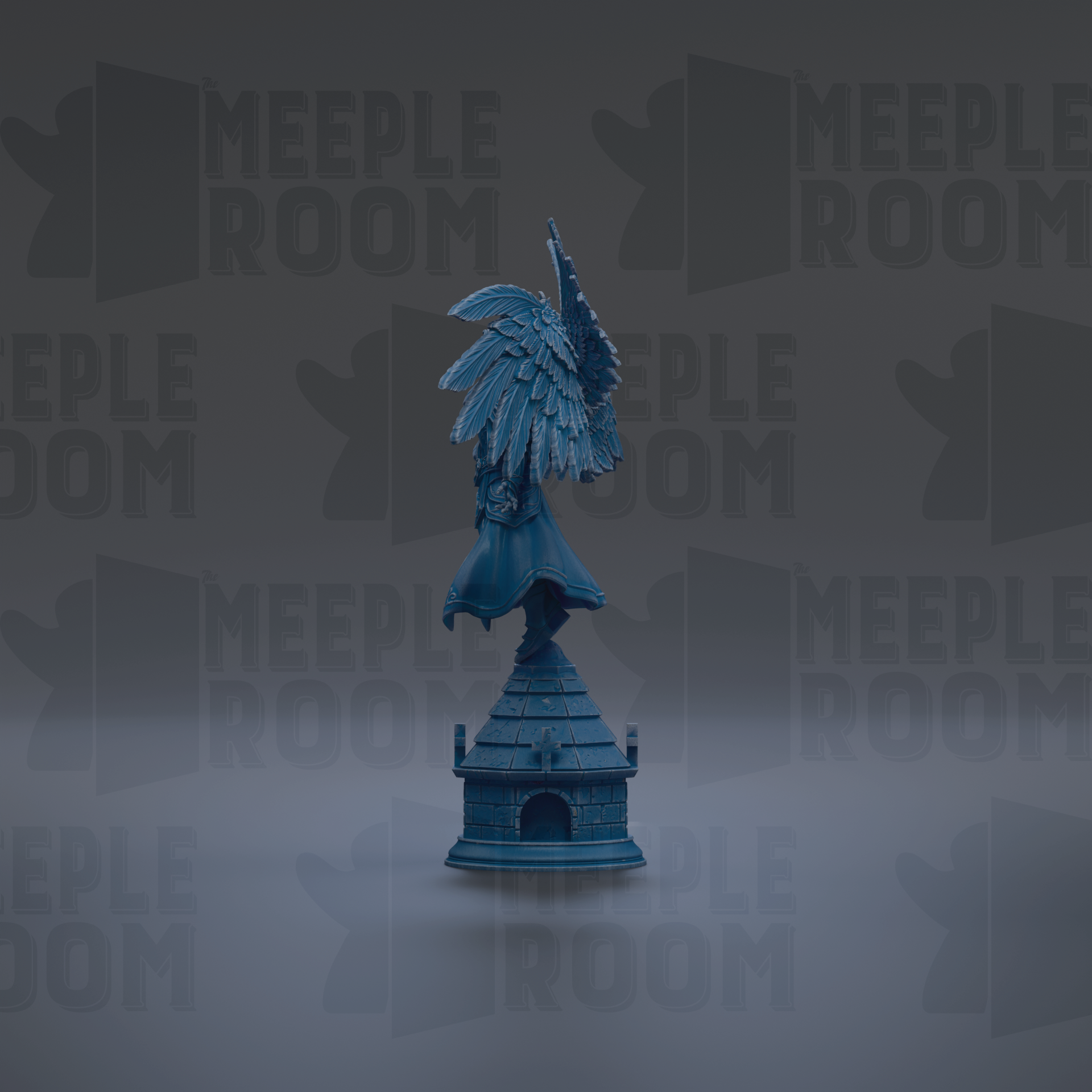 A blue figurine of a bird with a pointed beak and large wings stands on a small blue structure against a dark background with repeated text.