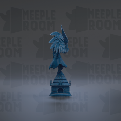 A blue figurine of a bird with a pointed beak and large wings stands on a small blue structure against a dark background with repeated text.