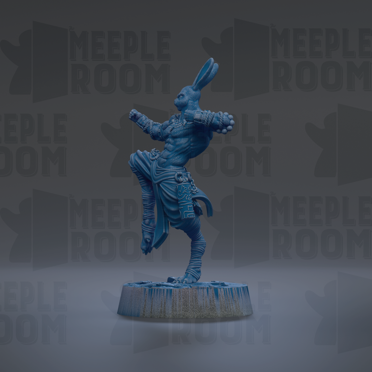 A blue statue of a muscular, battle-ready figure stands on a pedestal against a dark background with repeated "MEIPLLE ROOM" text.