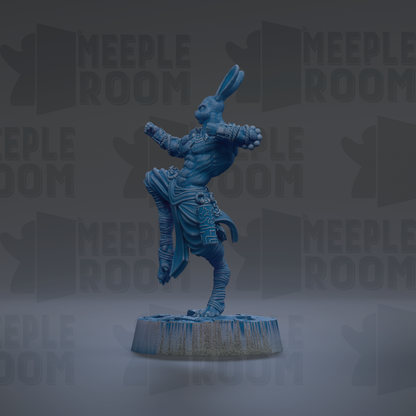 A blue statue of a muscular, battle-ready figure stands on a pedestal against a dark background with repeated "MEIPLLE ROOM" text.