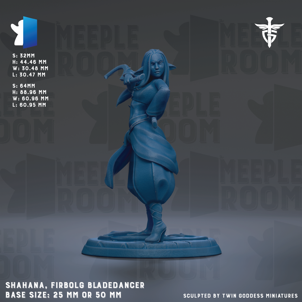The image is a figurine of a female character, specifically a Meeple Room character, in a blue color. The figurine is described as a Meeple Room character, a Meeple Room character, and a Meeple Room character. The base size of the figurine is either 25mm or 50mm. The image is a sculpture of a female character, and it is described as a sculpture by Twin Goddesses miniatures.