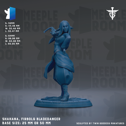 The image is a figurine of a female character, specifically a Meeple Room character, in a blue color. The figurine is described as a Meeple Room character, a Meeple Room character, and a Meeple Room character. The base size of the figurine is either 25mm or 50mm. The image is a sculpture of a female character, and it is described as a sculpture by Twin Goddesses miniatures.