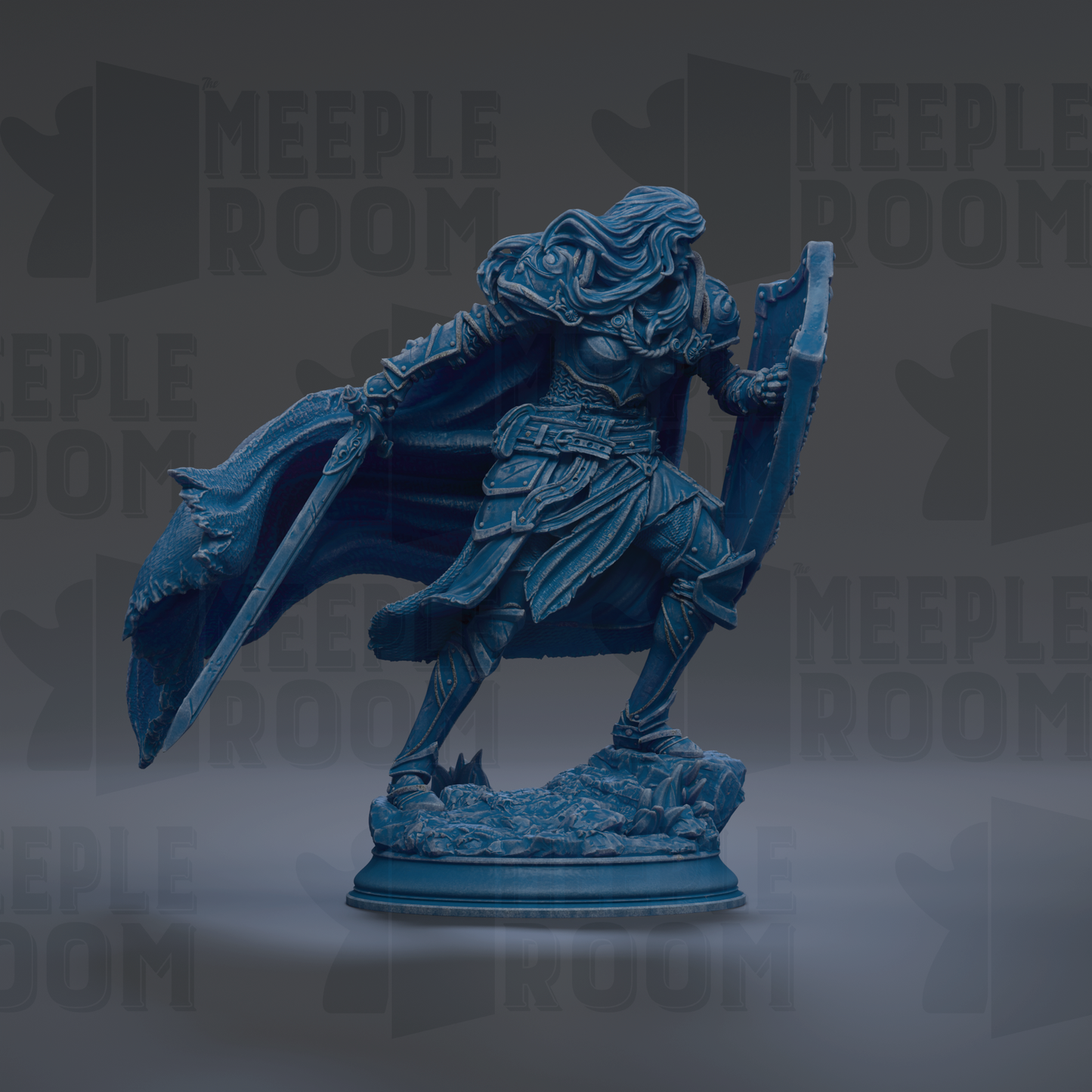 A blue statue of a warrior figure holding a shield and sword, standing on a rocky base.