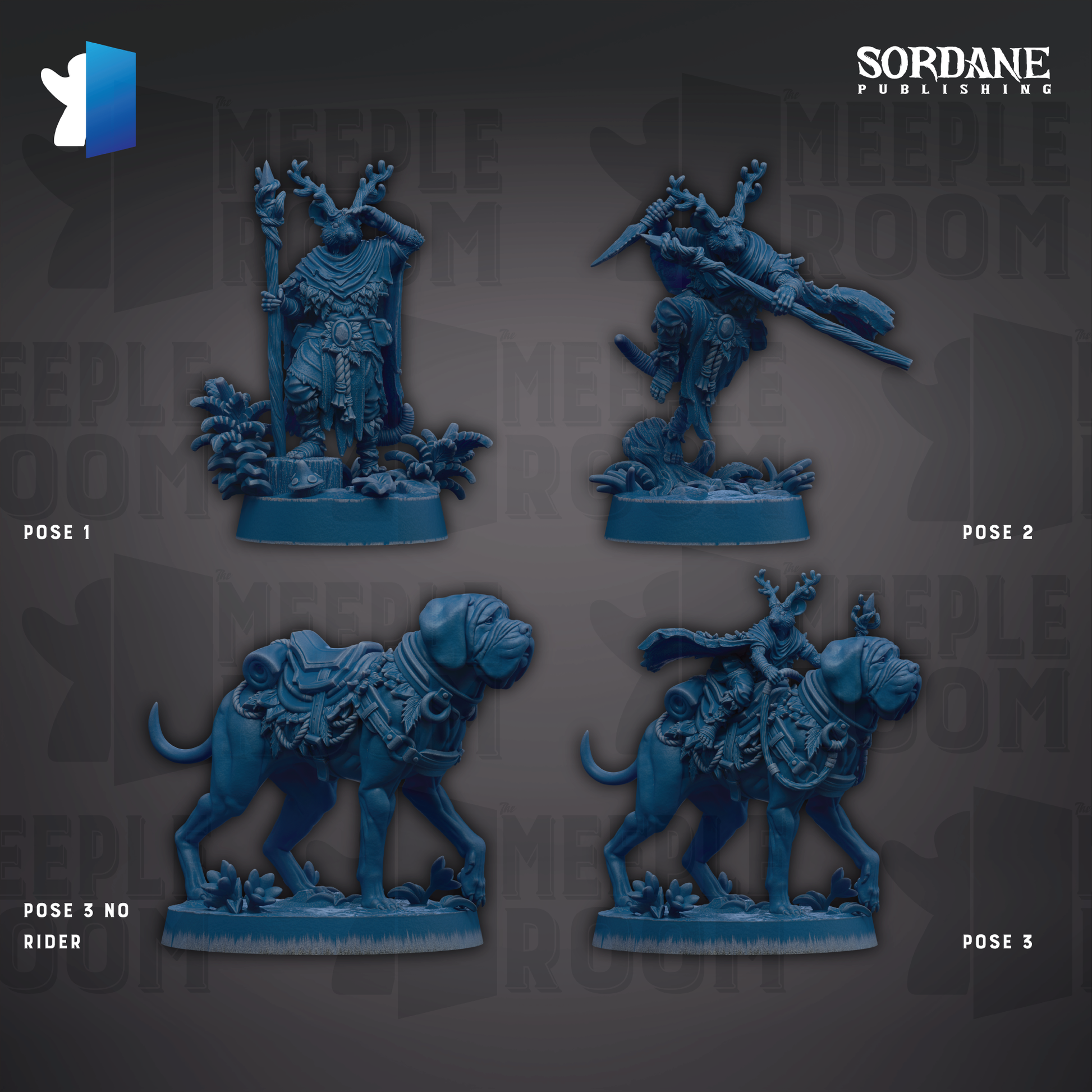 four blue figurines, each depicting a different pose of a person riding a dog. The poses include standing, kneeling, sitting, and riding the dog. The figurines are arranged in a grid-like pattern against a dark background.