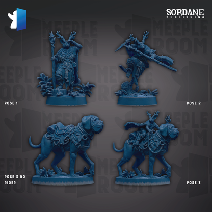 four blue figurines, each depicting a different pose of a person riding a dog. The poses include standing, kneeling, sitting, and riding the dog. The figurines are arranged in a grid-like pattern against a dark background.